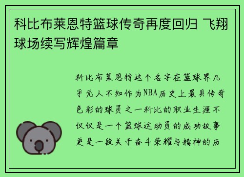 科比布莱恩特篮球传奇再度回归 飞翔球场续写辉煌篇章